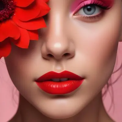 A Young Woman With Light Skin And Long Dark Hair Featuring Bold Makeup With Red Lips And Colorful Eyeshadow A Large Red Flower Partially Covers One Eye Set Against A Soft Pink Background 42 4788