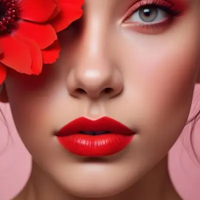 A Young Woman With Light Skin And Long Dark Hair Featuring Bold Makeup With Red Lips And Colorful Eyeshadow A Large Red Flower Partially Covers One Eye Set Against A Soft Pink Background 43 762c