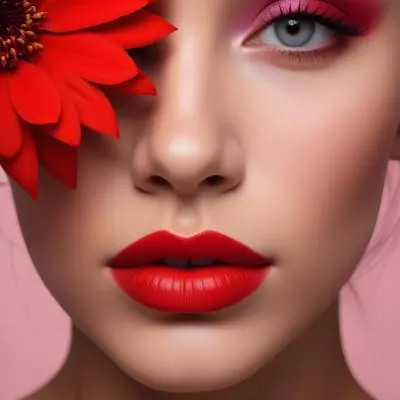A Young Woman With Light Skin And Long Dark Hair Featuring Bold Makeup With Red Lips And Colorful Eyeshadow A Large Red Flower Partially Covers One Eye Set Against A Soft Pink Background 46 D331
