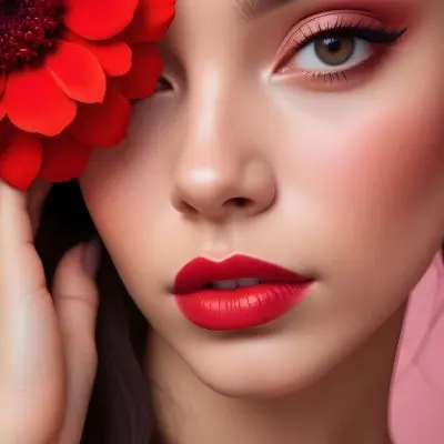 A Young Woman With Light Skin And Long Dark Hair Featuring Bold Makeup With Red Lips And Colorful Eyeshadow A Large Red Flower Partially Covers One Eye Set Against A Soft Pink Background 5 7a1e