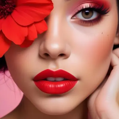 A Young Woman With Light Skin And Long Dark Hair Featuring Bold Makeup With Red Lips And Colorful Eyeshadow A Large Red Flower Partially Covers One Eye Set Against A Soft Pink Background 50 F830