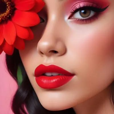 A Young Woman With Light Skin And Long Dark Hair Featuring Bold Makeup With Red Lips And Colorful Eyeshadow A Large Red Flower Partially Covers One Eye Set Against A Soft Pink Background 51 7bb0
