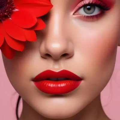 A Young Woman With Light Skin And Long Dark Hair Featuring Bold Makeup With Red Lips And Colorful Eyeshadow A Large Red Flower Partially Covers One Eye Set Against A Soft Pink Background 53 D0df