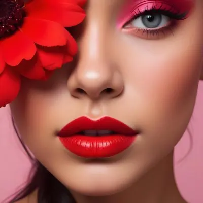 A Young Woman With Light Skin And Long Dark Hair Featuring Bold Makeup With Red Lips And Colorful Eyeshadow A Large Red Flower Partially Covers One Eye Set Against A Soft Pink Background 54 F9d2
