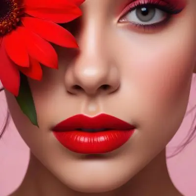 A Young Woman With Light Skin And Long Dark Hair Featuring Bold Makeup With Red Lips And Colorful Eyeshadow A Large Red Flower Partially Covers One Eye Set Against A Soft Pink Background 55 Ea37