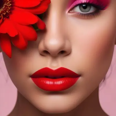 A Young Woman With Light Skin And Long Dark Hair Featuring Bold Makeup With Red Lips And Colorful Eyeshadow A Large Red Flower Partially Covers One Eye Set Against A Soft Pink Background 59 140f