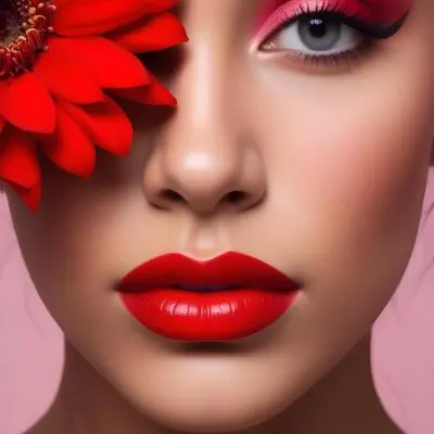 A Young Woman With Light Skin And Long Dark Hair Featuring Bold Makeup With Red Lips And Colorful Eyeshadow A Large Red Flower Partially Covers One Eye Set Against A Soft Pink Background 61 8acc
