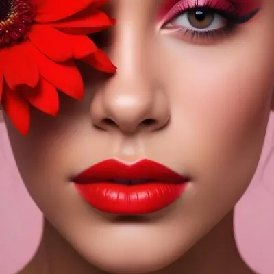 A Young Woman With Light Skin And Long Dark Hair Featuring Bold Makeup With Red Lips And Colorful Eyeshadow A Large Red Flower Partially Covers One Eye Set Against A Soft Pink Background 62 4b4e