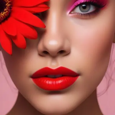 A Young Woman With Light Skin And Long Dark Hair Featuring Bold Makeup With Red Lips And Colorful Eyeshadow A Large Red Flower Partially Covers One Eye Set Against A Soft Pink Background 66 39ad
