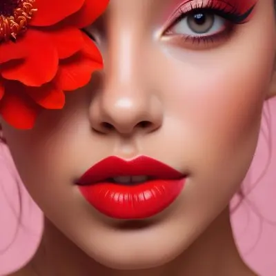 A Young Woman With Light Skin And Long Dark Hair Featuring Bold Makeup With Red Lips And Colorful Eyeshadow A Large Red Flower Partially Covers One Eye Set Against A Soft Pink Background 69 D126