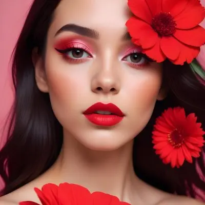 A Young Woman With Light Skin And Long Dark Hair Featuring Bold Makeup With Red Lips And Colorful Eyeshadow A Large Red Flower Partially Covers One Eye Set Against A Soft Pink Background 9 3605