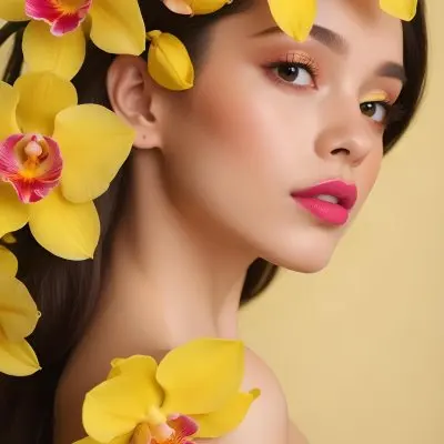 A Young Woman With Light Skin And Long Dark Hair Featuring Bold Pink Lips And Striking Eye Makeup She Is Partially Framed By Vibrant Yellow Orchids Creating A Floral Backdrop The Background Is A Soft Neutral Color 10 80bb