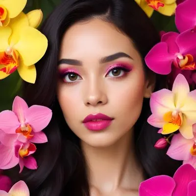 A Young Woman With Light Skin And Long Dark Hair Featuring Bold Pink Lips And Striking Eye Makeup She Is Partially Framed By Vibrant Yellow Orchids Creating A Floral Backdrop The Background Is A Soft Neutral Color 11 5d04