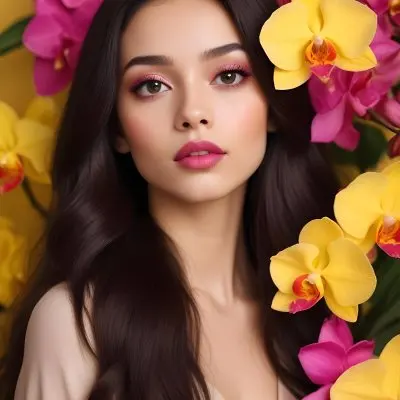 A Young Woman With Light Skin And Long Dark Hair Featuring Bold Pink Lips And Striking Eye Makeup She Is Partially Framed By Vibrant Yellow Orchids Creating A Floral Backdrop The Background Is A Soft Neutral Color 12 0d2b