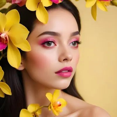 A Young Woman With Light Skin And Long Dark Hair Featuring Bold Pink Lips And Striking Eye Makeup She Is Partially Framed By Vibrant Yellow Orchids Creating A Floral Backdrop The Background Is A Soft Neutral Color 16 72ec