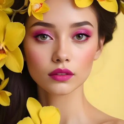 A Young Woman With Light Skin And Long Dark Hair Featuring Bold Pink Lips And Striking Eye Makeup She Is Partially Framed By Vibrant Yellow Orchids Creating A Floral Backdrop The Background Is A Soft Neutral Color 20 7581