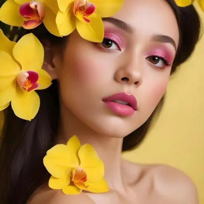 A Young Woman With Light Skin And Long Dark Hair Featuring Bold Pink Lips And Striking Eye Makeup She Is Partially Framed By Vibrant Yellow Orchids Creating A Floral Backdrop The Background Is A Soft Neutral Color 21 Db8c