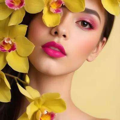 A Young Woman With Light Skin And Long Dark Hair Featuring Bold Pink Lips And Striking Eye Makeup She Is Partially Framed By Vibrant Yellow Orchids Creating A Floral Backdrop The Background Is A Soft Neutral Color 26 D0ff