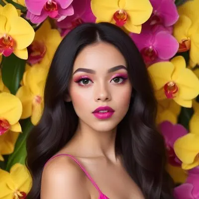 A Young Woman With Light Skin And Long Dark Hair Featuring Bold Pink Lips And Striking Eye Makeup She Is Partially Framed By Vibrant Yellow Orchids Creating A Floral Backdrop The Background Is A Soft Neutral Color 3 635e