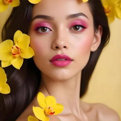 A Young Woman With Light Skin And Long Dark Hair Featuring Bold Pink Lips And Striking Eye Makeup She Is Partially Framed By Vibrant Yellow Orchids Creating A Floral Backdrop The Background Is A Soft Neutral Color 31 A49c