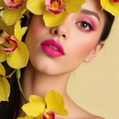 A Young Woman With Light Skin And Long Dark Hair Featuring Bold Pink Lips And Striking Eye Makeup She Is Partially Framed By Vibrant Yellow Orchids Creating A Floral Backdrop The Background Is A Soft Neutral Color 32 E6ee