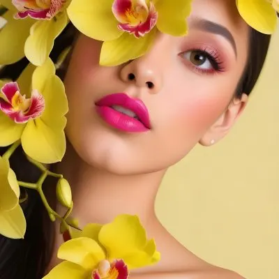 A Young Woman With Light Skin And Long Dark Hair Featuring Bold Pink Lips And Striking Eye Makeup She Is Partially Framed By Vibrant Yellow Orchids Creating A Floral Backdrop The Background Is A Soft Neutral Color 35 1336