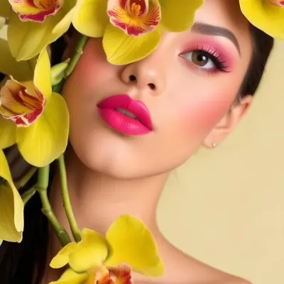 A Young Woman With Light Skin And Long Dark Hair Featuring Bold Pink Lips And Striking Eye Makeup She Is Partially Framed By Vibrant Yellow Orchids Creating A Floral Backdrop The Background Is A Soft Neutral Color 38 Da57