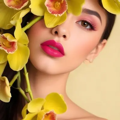 A Young Woman With Light Skin And Long Dark Hair Featuring Bold Pink Lips And Striking Eye Makeup She Is Partially Framed By Vibrant Yellow Orchids Creating A Floral Backdrop The Background Is A Soft Neutral Color 39 Fecc