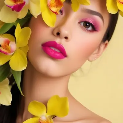 A Young Woman With Light Skin And Long Dark Hair Featuring Bold Pink Lips And Striking Eye Makeup She Is Partially Framed By Vibrant Yellow Orchids Creating A Floral Backdrop The Background Is A Soft Neutral Color 41 2caf