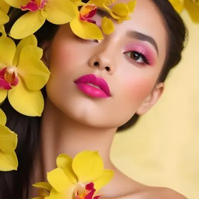 A Young Woman With Light Skin And Long Dark Hair Featuring Bold Pink Lips And Striking Eye Makeup She Is Partially Framed By Vibrant Yellow Orchids Creating A Floral Backdrop The Background Is A Soft Neutral Color 43 053b