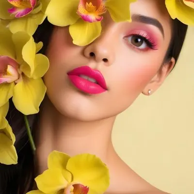 A Young Woman With Light Skin And Long Dark Hair Featuring Bold Pink Lips And Striking Eye Makeup She Is Partially Framed By Vibrant Yellow Orchids Creating A Floral Backdrop The Background Is A Soft Neutral Color 45 B292