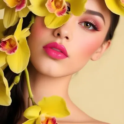 A Young Woman With Light Skin And Long Dark Hair Featuring Bold Pink Lips And Striking Eye Makeup She Is Partially Framed By Vibrant Yellow Orchids Creating A Floral Backdrop The Background Is A Soft Neutral Color 49 170a