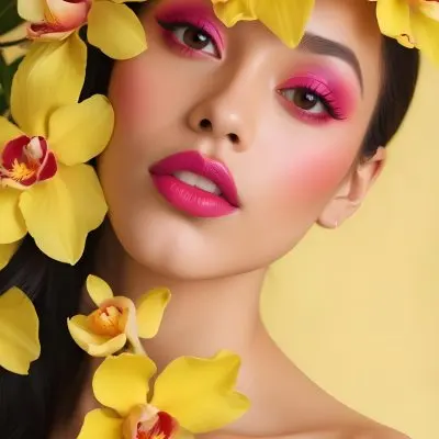 A Young Woman With Light Skin And Long Dark Hair Featuring Bold Pink Lips And Striking Eye Makeup She Is Partially Framed By Vibrant Yellow Orchids Creating A Floral Backdrop The Background Is A Soft Neutral Color 54 9547