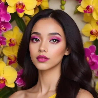 A Young Woman With Light Skin And Long Dark Hair Featuring Bold Pink Lips And Striking Eye Makeup She Is Partially Framed By Vibrant Yellow Orchids Creating A Floral Backdrop The Background Is A Soft Neutral Color 56 D2ac