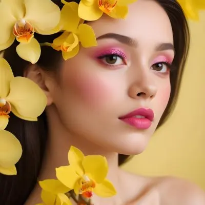 A Young Woman With Light Skin And Long Dark Hair Featuring Bold Pink Lips And Striking Eye Makeup She Is Partially Framed By Vibrant Yellow Orchids Creating A Floral Backdrop The Background Is A Soft Neutral Color 6 40d7