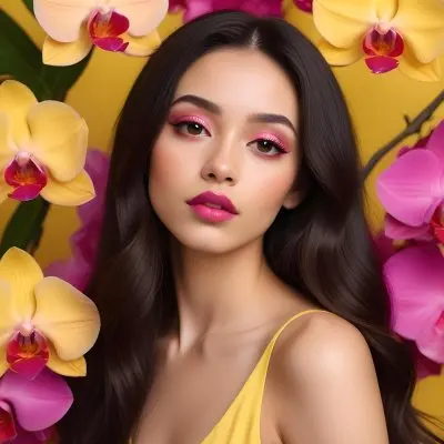 A Young Woman With Light Skin And Long Dark Hair Featuring Bold Pink Lips And Striking Eye Makeup She Is Partially Framed By Vibrant Yellow Orchids Creating A Floral Backdrop The Background Is A Soft Neutral Color 9294