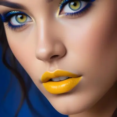 A Young Woman With Light Skin And Long Dark Hair Featuring Striking Yellow Lipstick And Bold Blue Eye Makeup Her Eyes Are Blue And The Background Is A Solid Blue Color Enhancing The Vibrant Makeup 34 A17d