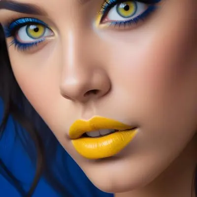 A Young Woman With Light Skin And Long Dark Hair Featuring Striking Yellow Lipstick And Bold Blue Eye Makeup Her Eyes Are Blue And The Background Is A Solid Blue Color Enhancing The Vibrant Makeup 59 C858