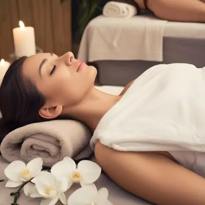A Young Woman With Light Skin And Long Dark Hair Lies On A Massage Table Covered With A White Towel She Has Her Eyes Closed And Appears Relaxed In The Foreground There Are White Orchids And Soft Towels The Backgro 6 1671