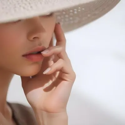 A Young Woman With Light Skin And Long Manicured Nails Partially Obscured By A Wide Brimmed Hat The Hat Casts Intricate Shadows On Her Face And Hand Creating A Pattern Of Light And Dark She Has A Neutral Expressio 9 8b47