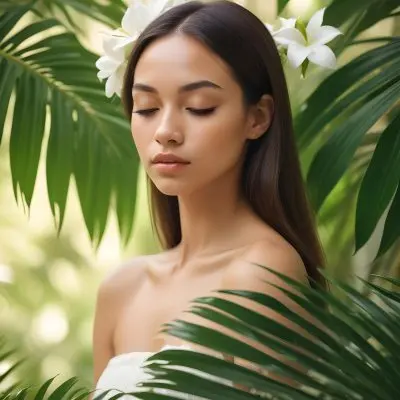 A Young Woman With Light Skin And Long Straight Hair Adorned With A White Flower She Has Her Eyes Closed And A Serene Expression Surrounded By Large Green Palm Leaves The Background Is Softly Blurred Emphasizing H 20 1571