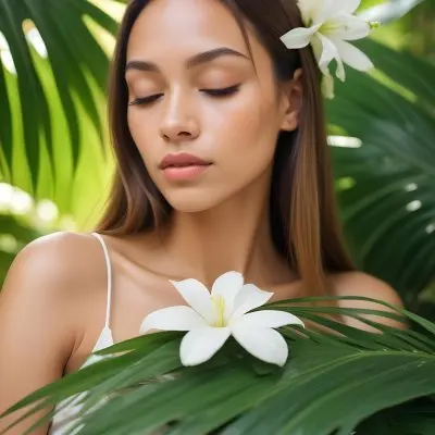A Young Woman With Light Skin And Long Straight Hair Adorned With A White Flower She Has Her Eyes Closed And A Serene Expression Surrounded By Large Green Palm Leaves The Background Is Softly Blurred Emphasizing H 32 7e8f