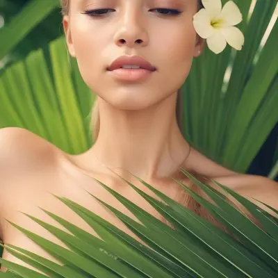 A Young Woman With Light Skin And Long Straight Hair Adorned With A White Flower She Has Her Eyes Closed And A Serene Expression Surrounded By Large Green Palm Leaves The Background Is Softly Blurred Emphasizing H 38 A121
