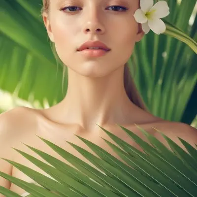 A Young Woman With Light Skin And Long Straight Hair Adorned With A White Flower She Has Her Eyes Closed And A Serene Expression Surrounded By Large Green Palm Leaves The Background Is Softly Blurred Emphasizing H 4 F406