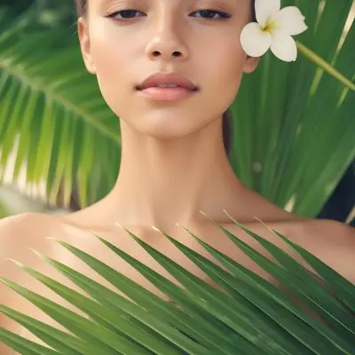 A Young Woman With Light Skin And Long Straight Hair Adorned With A White Flower She Has Her Eyes Closed And A Serene Expression Surrounded By Large Green Palm Leaves The Background Is Softly Blurred Emphasizing H 43 Ce65