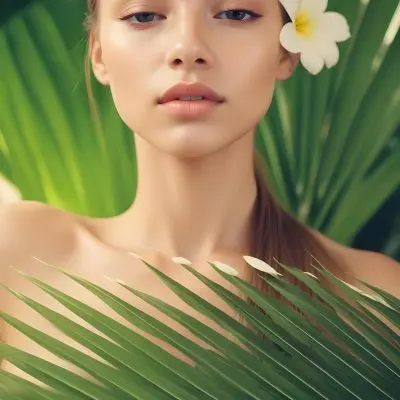 A Young Woman With Light Skin And Long Straight Hair Adorned With A White Flower She Has Her Eyes Closed And A Serene Expression Surrounded By Large Green Palm Leaves The Background Is Softly Blurred Emphasizing H 45 A55d
