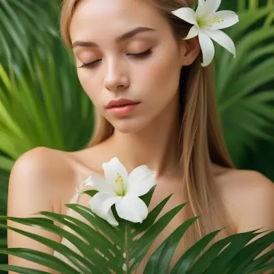 A Young Woman With Light Skin And Long Straight Hair Adorned With A White Flower She Has Her Eyes Closed And A Serene Expression Surrounded By Large Green Palm Leaves The Background Is Softly Blurred Emphasizing H 7 8ce9