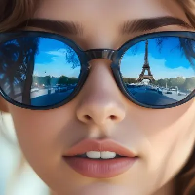 A Young Woman With Light Skin And Long Wavy Brown Hair Is Wearing Stylish Sunglasses The Lenses Reflect A Vibrant Blue Scene Featuring The Eiffel Tower She Has A Natural Makeup Look With Full Lips And A Slight Smil 5 8202