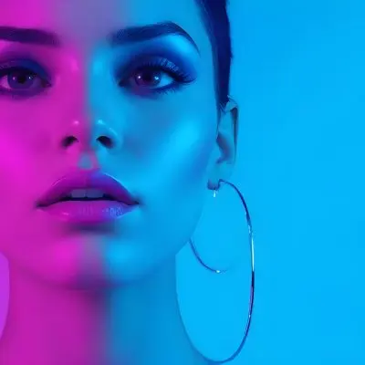 A Young Woman With Light Skin And Short Dark Hair Featuring Bold Makeup With Glossy Lips And Dramatic Eye Makeup She Has Large Hoop Earrings And Is Illuminated With Vibrant Pink And Blue Lighting Creating A Striking 6 52ef