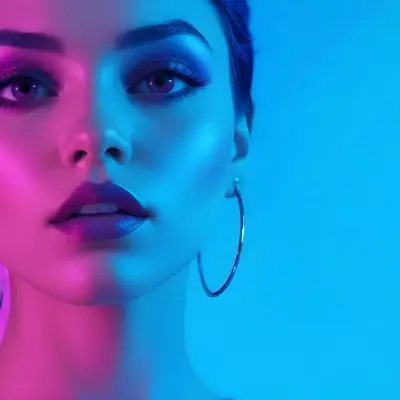 A Young Woman With Light Skin And Short Dark Hair Featuring Bold Makeup With Glossy Lips And Dramatic Eye Makeup She Has Large Hoop Earrings And Is Illuminated With Vibrant Pink And Blue Lighting Creating A Striking 7 A756